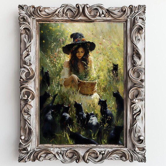 Witch With Black Cats Art Print Moody Ethereal Witch Halloween Decor Witch Mystical Art Witchy Home Decor Goth Home Cottagecore Witchy