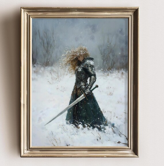 Female Knight Winter Decor Dark Academia Print Snow Goth Moody Victorian Wall Art Dark Decor Aesthetic Woman With Sword Print