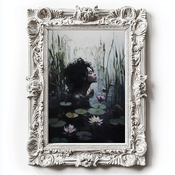 Black Ophelia Curly Hair Woman White Lotus Lily Pond Dark Academia Print