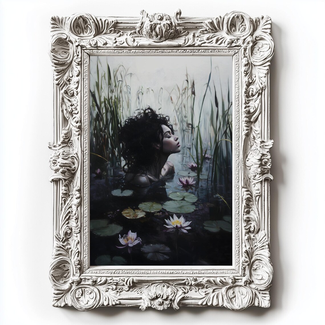 Black Ophelia Curly Hair Woman White Lotus Lily Pond Dark Academia Print