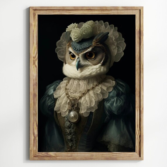 Victorian Owl Portrait in Blue Gown With Roses Pearls Art Print