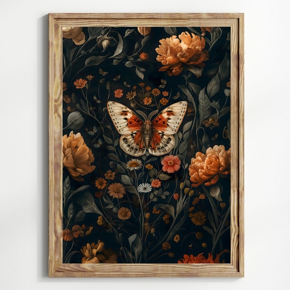 Moths And Peony Flowers Botanical Illustrations Art Print Boho Aesthetic Poppy Art Print Dark Cottagecore Nature Print William Morris