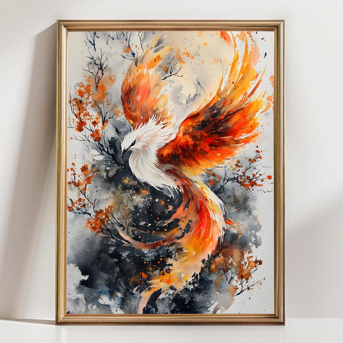 Phoenix Rising Flames Watercolor Firebird Fantasy Orange Art Print