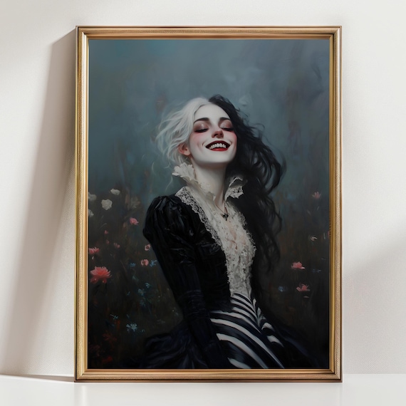 Joyful Witch With Black And White Hair Laughing Dark Floral Portrait Poster