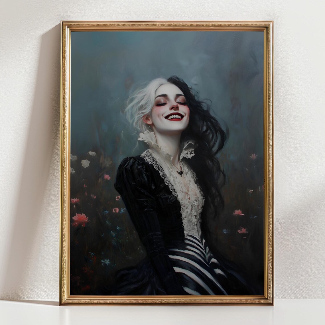 Joyful Witch With Black And White Hair Laughing Dark Floral Portrait Poster