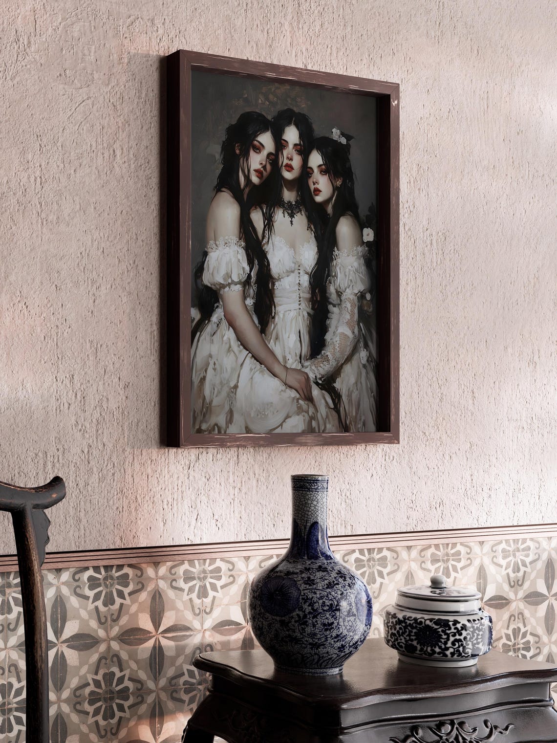 Three Vampire Sisters White Gown Dark Gothic Oil Painting Art Print - Image 3