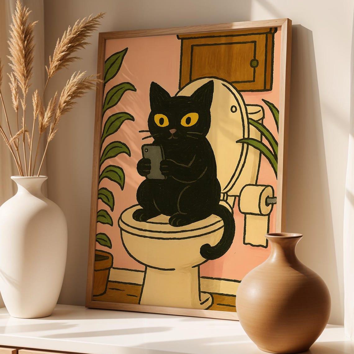 Black Cat On The Toilet Funny Bathroom Art Print