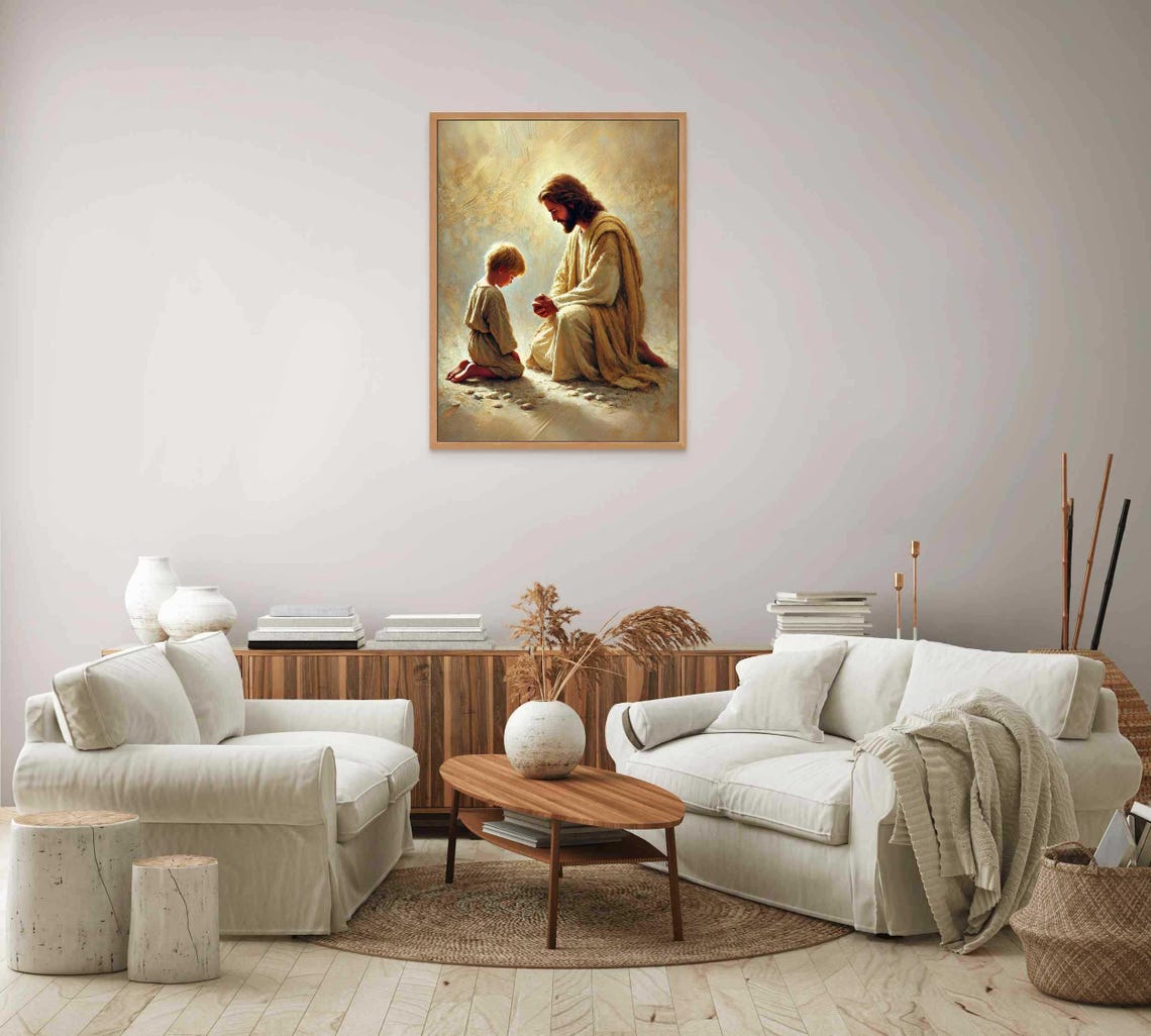 Jesus Praying Beside Little Boy Warm Golden Christian Art Poster - Image 6