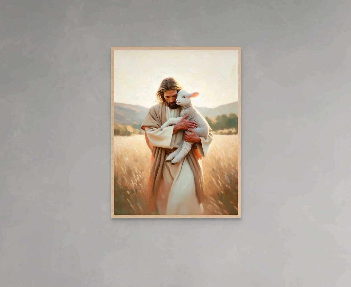 Jesus the Good Shepherd Holding Lamb Golden Wheat Field Poster