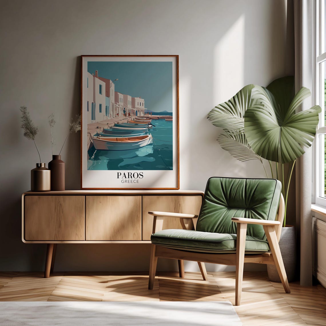 Paros Greece Whitewashed Houses Rowboats Quiet Harbor Travel Poster - Image 3
