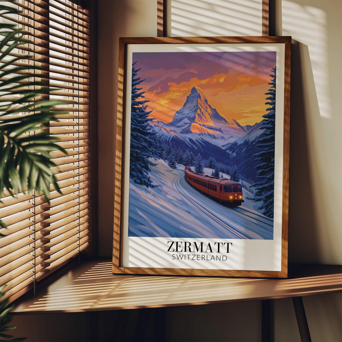 Zermatt Switzerland Cogwheel Train in Snowy Sunset Travel Poster - Image 3