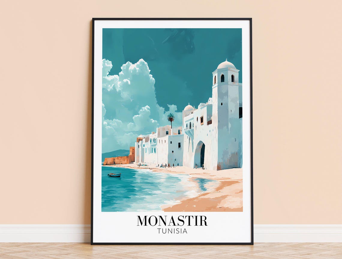 Monastir Tunisia White Waterfront Arch Seaside Travel Poster Art