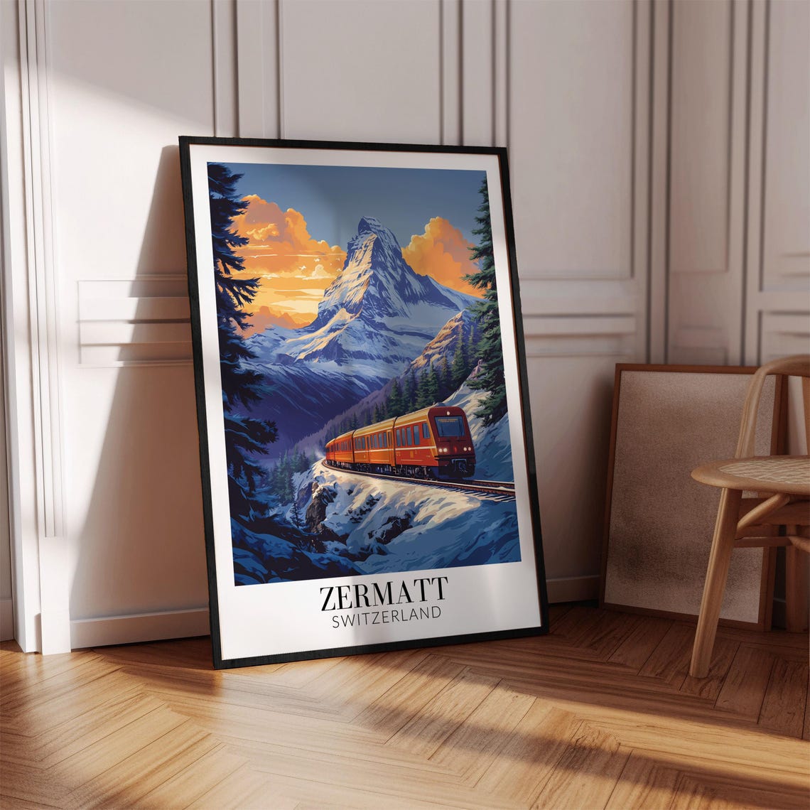 Zermatt Matterhorn Red Alpine Train Snowy Sunset Travel Poster - Image 4