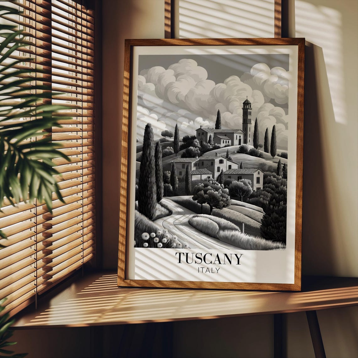 Tuscany Italy Cypress Hills Hilltop Village Monochrome Poster - Image 2