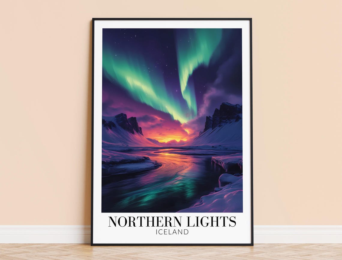 Iceland Northern Lights Aurora Over Frozen River Valley Poster