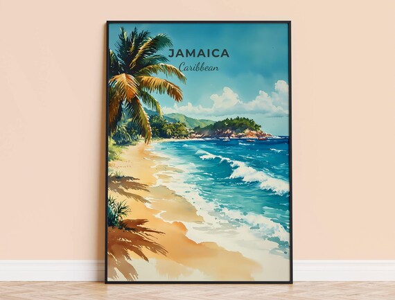 Jamaica Caribbean Watercolor Beach Palm Tree Island Travel Poster