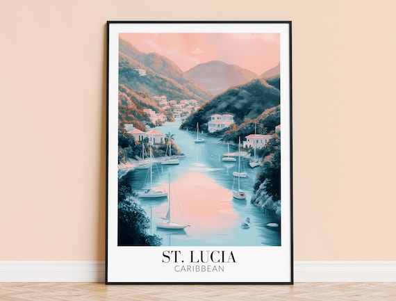 St Lucia Caribbean Pastel Harbor Sailboats Hillside Travel Poster