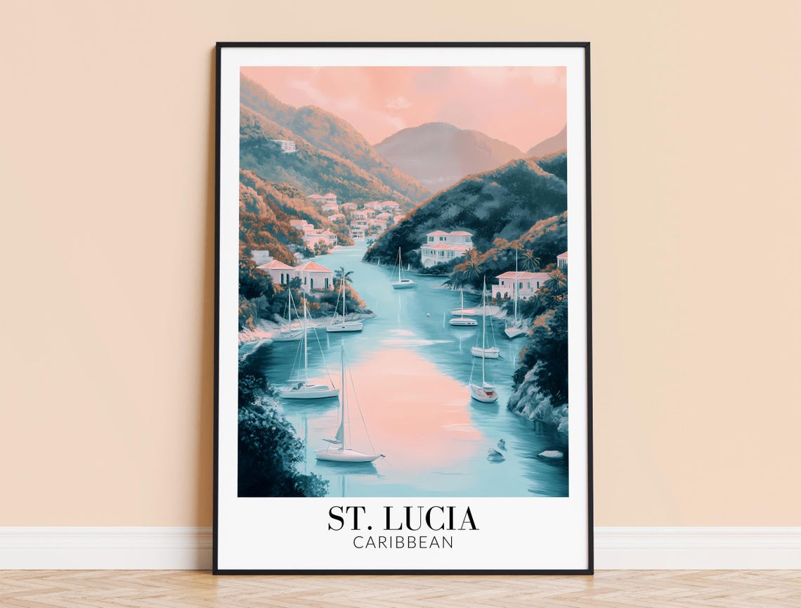 St Lucia Caribbean Pastel Harbor Sailboats Hillside Travel Poster