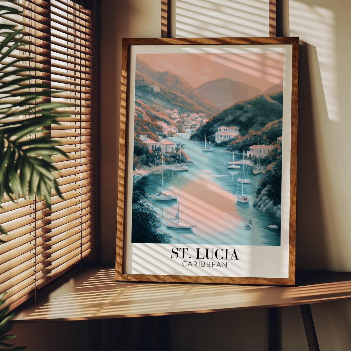 St Lucia Caribbean Pastel Harbor Sailboats Hillside Travel Poster - Image 3