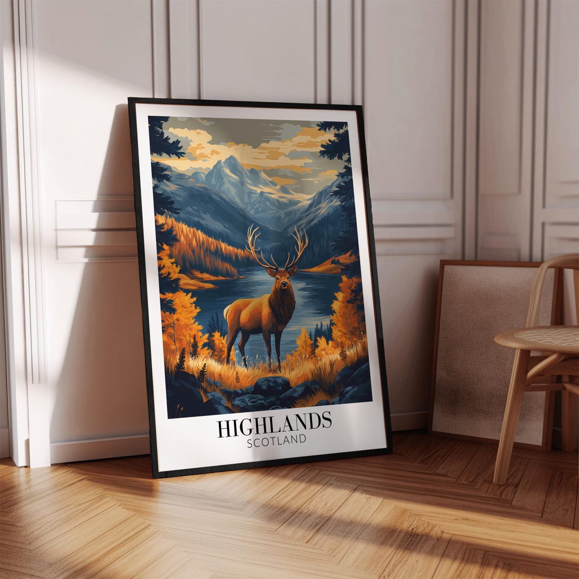 Scottish Highlands Red Deer Autumn Mountain Lake Travel Poster - Image 2