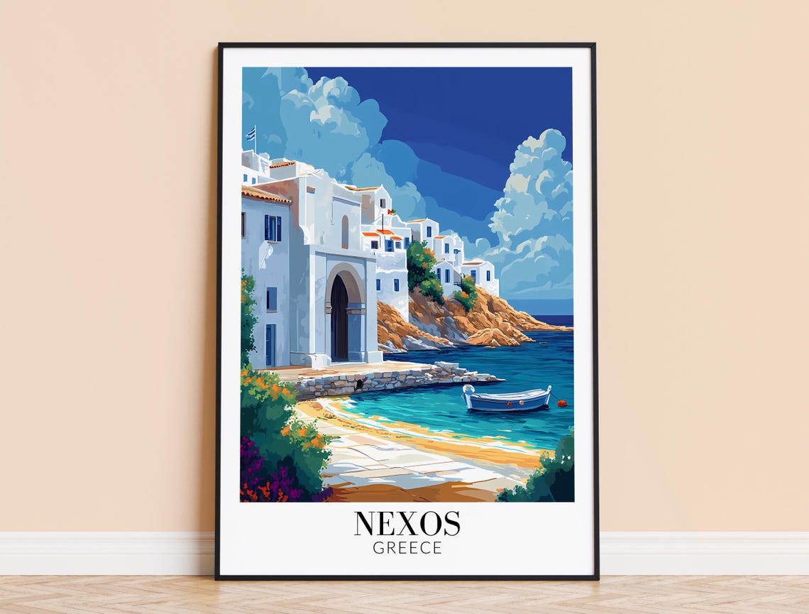 Nexos Greece Whitewashed Coastal Village Harbor Travel Poster