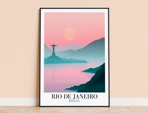 Rio de Janeiro Brazil Pastel Sunset Christ the Redeemer Sea Poster