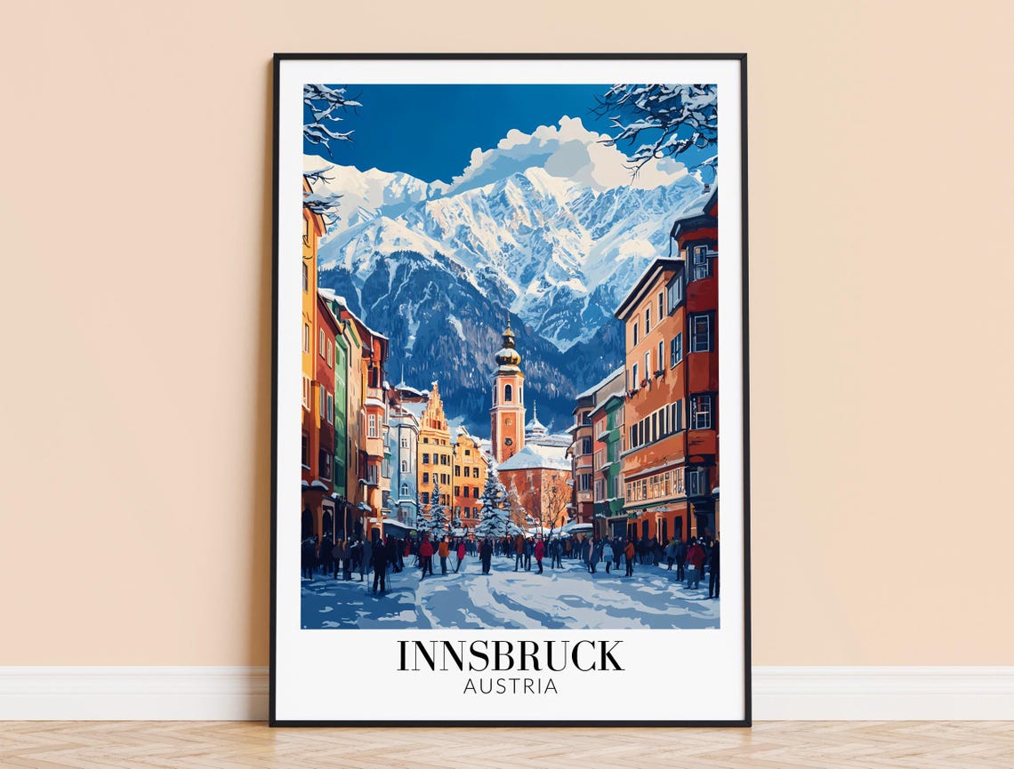 Innsbruck Austria Snowy Lane Church Tower Alpine Peaks Poster