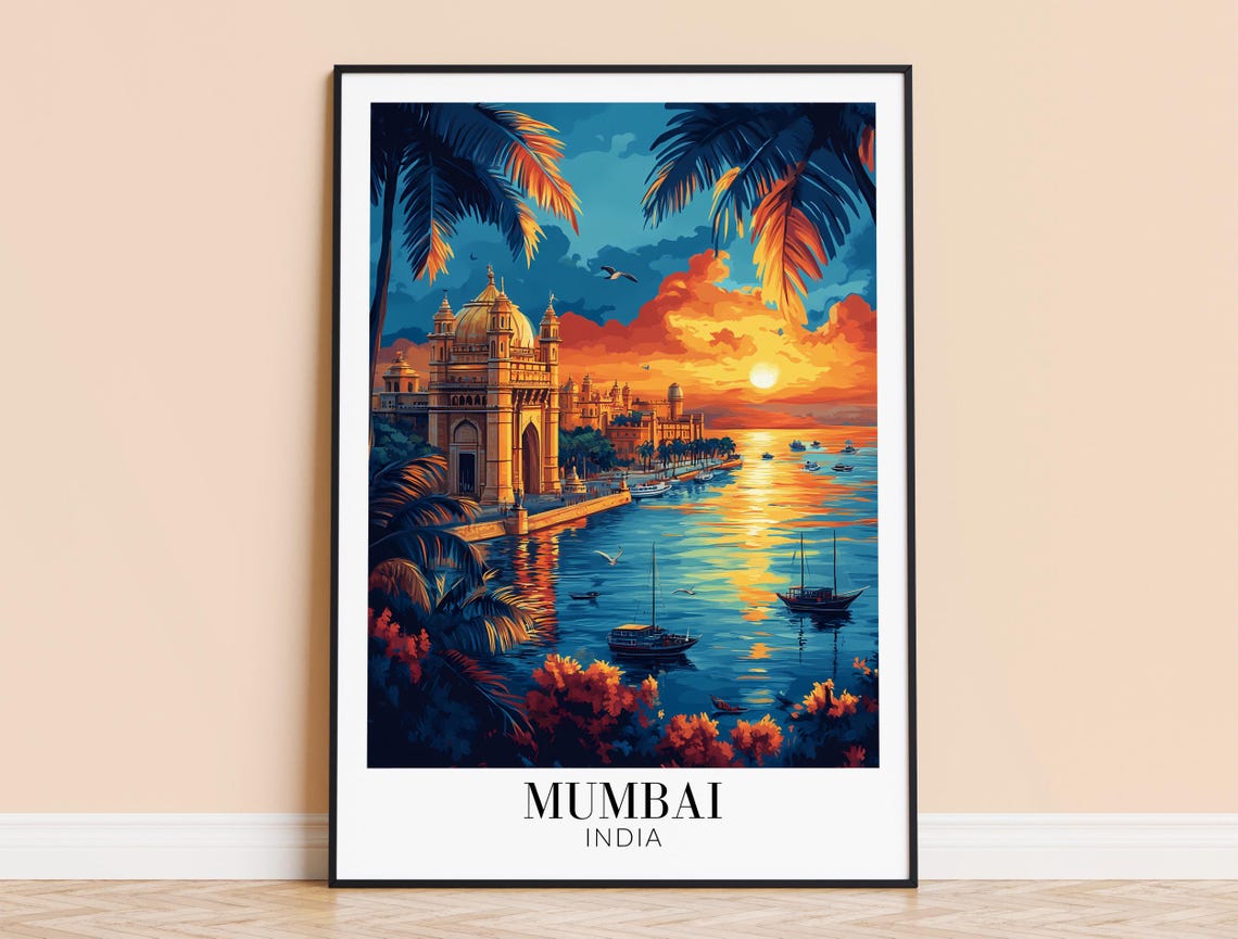 Mumbai India Gateway of India Sunset Harbor Illustration Poster