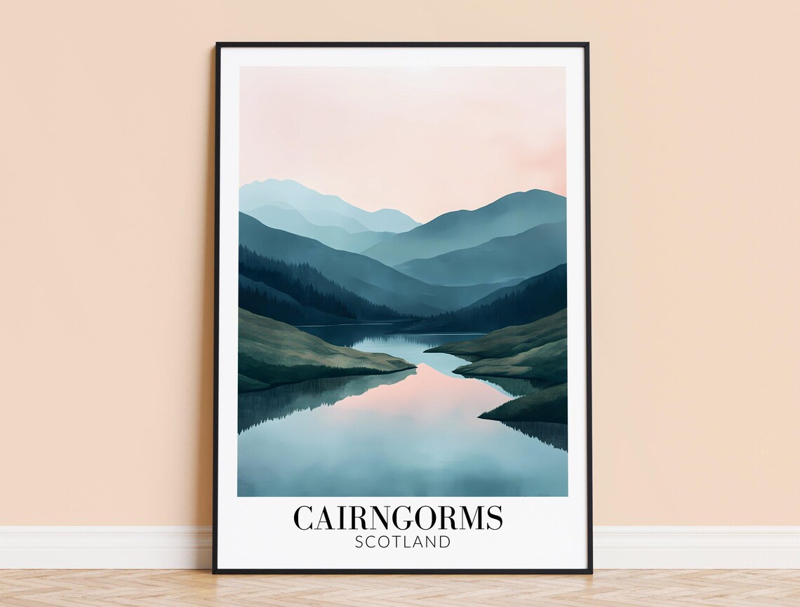 Cairngorms Scotland Misty Mountain Lake Dusk Minimalist Travel Poster