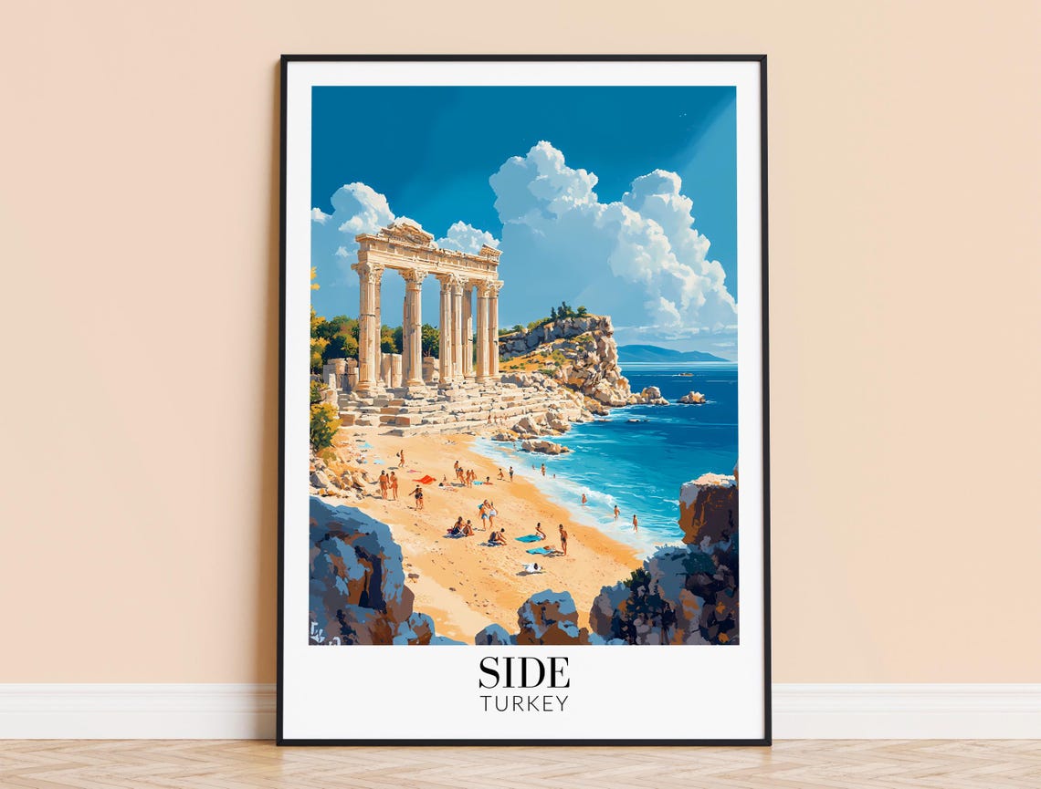 Side Turkey Ancient Temple Ruins Sandy Beach Bright Day Travel Poster