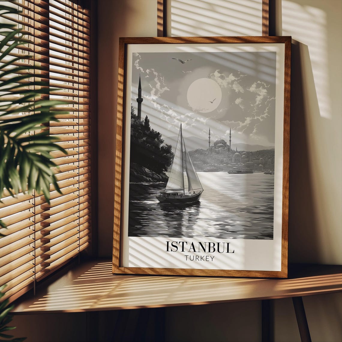 Istanbul Turkey Sailboat and Mosque Skyline Monochrome Poster - Image 2