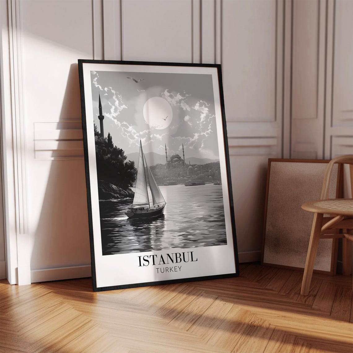 Istanbul Turkey Sailboat and Mosque Skyline Monochrome Poster - Image 4