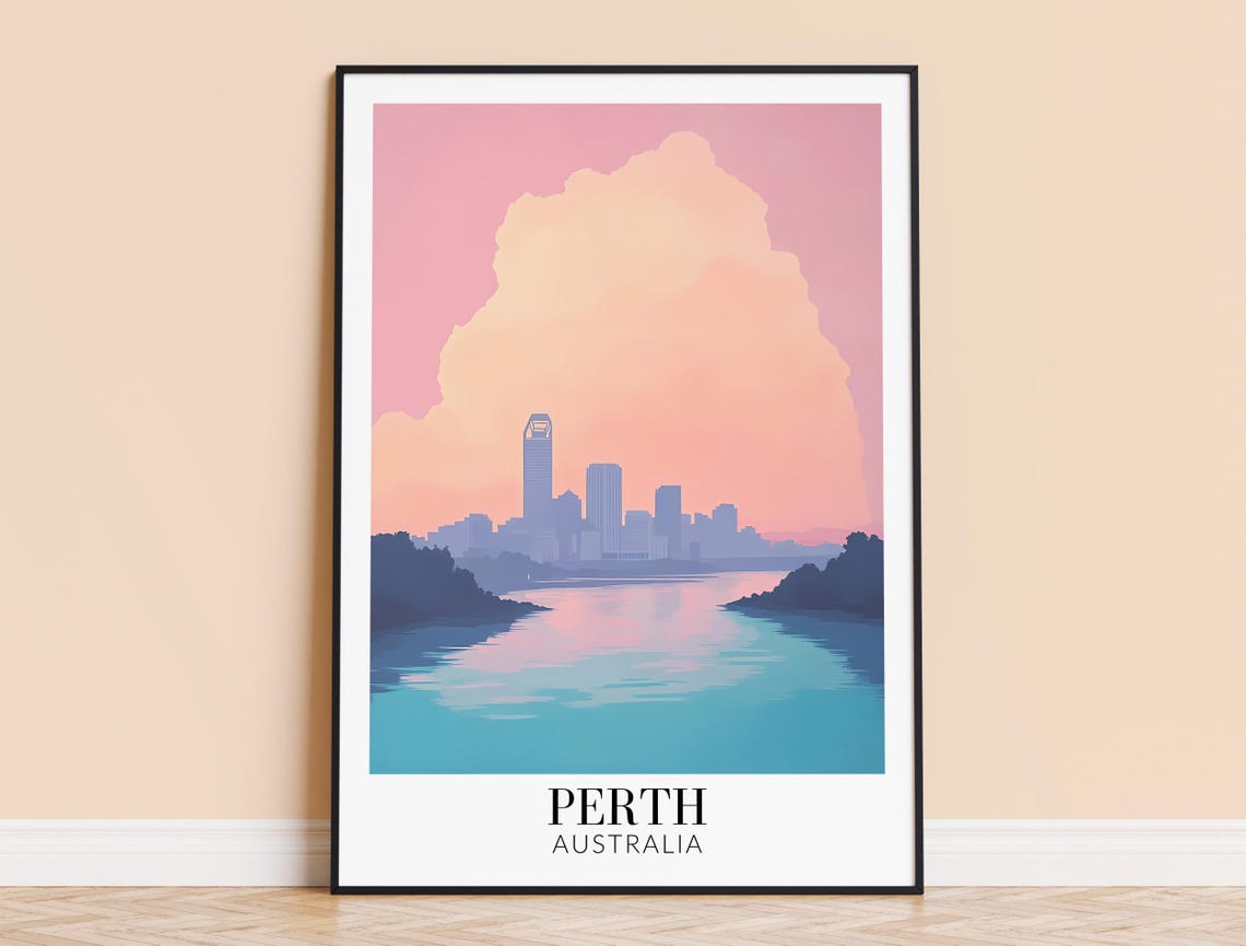 Perth Australia Pastel Pink Skyline Swan River View Travel Poster
