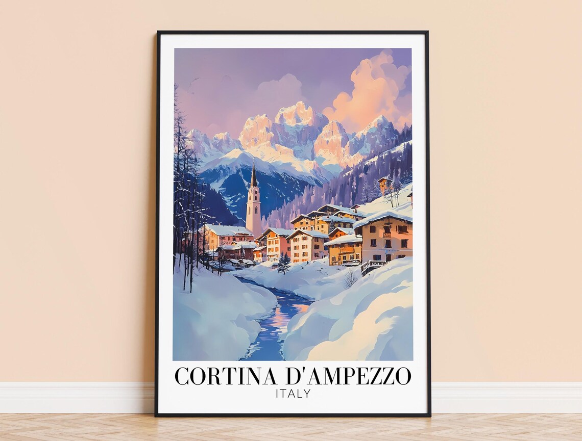 Cortina DAmpezzo Italy Snowy Town Bell Tower at Dusk Travel Poster