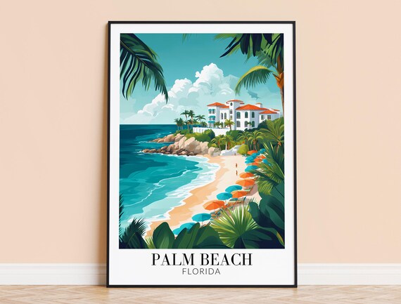 Palm Beach Florida Tropical Beach Umbrellas Retro Travel Poster