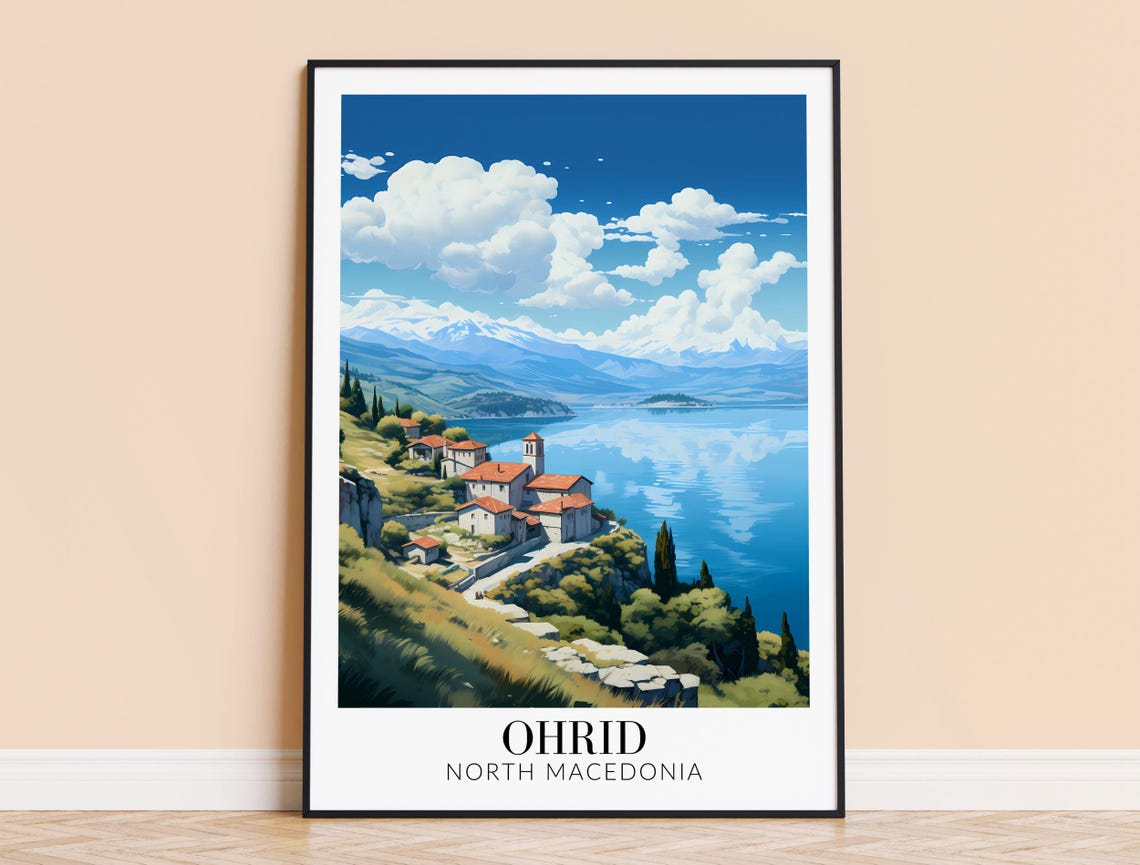 Ohrid North Macedonia Lakeside Village Mountain View Travel Poster