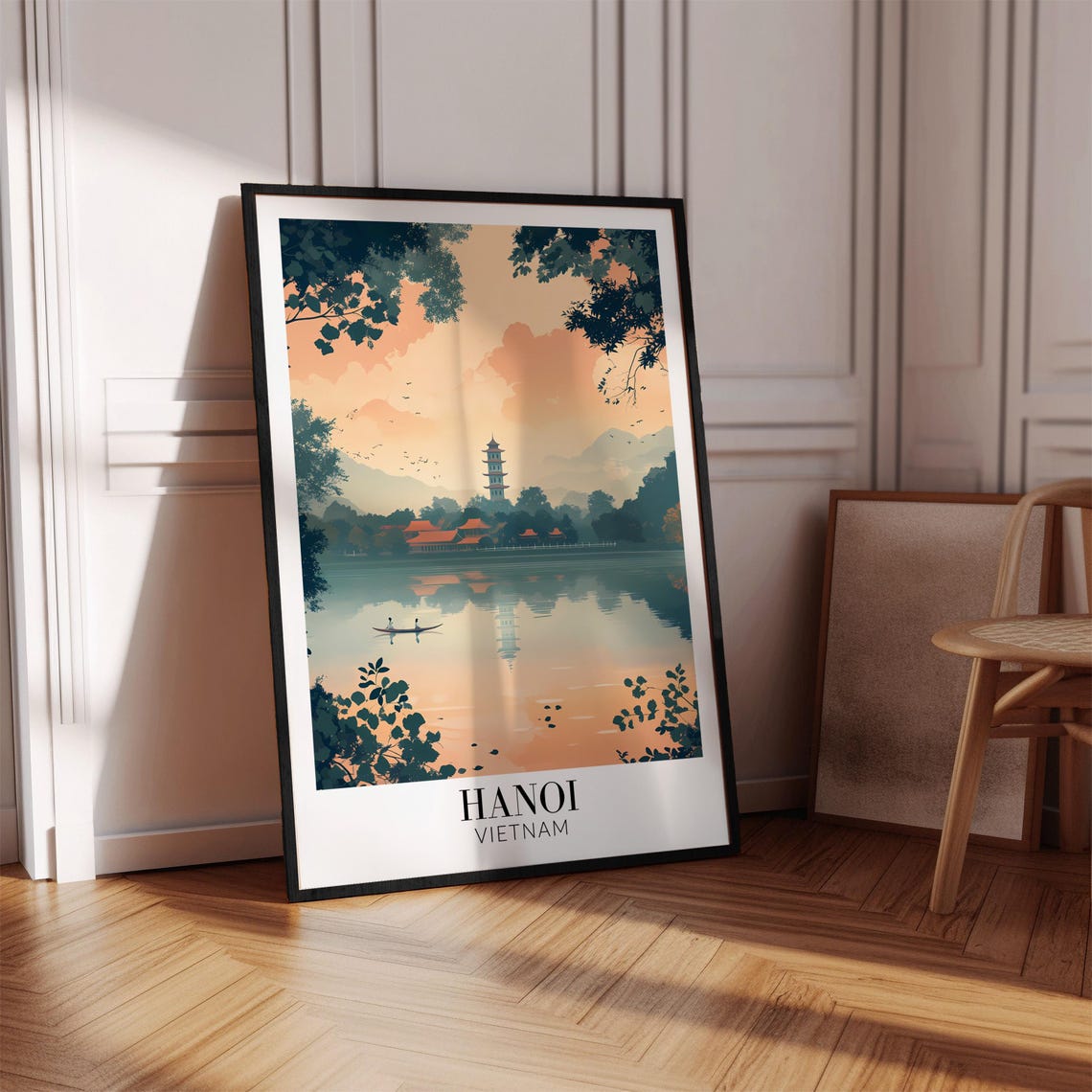 Hanoi Vietnam Lakeside Pagoda Reflection at Sunset Travel Poster - Image 4