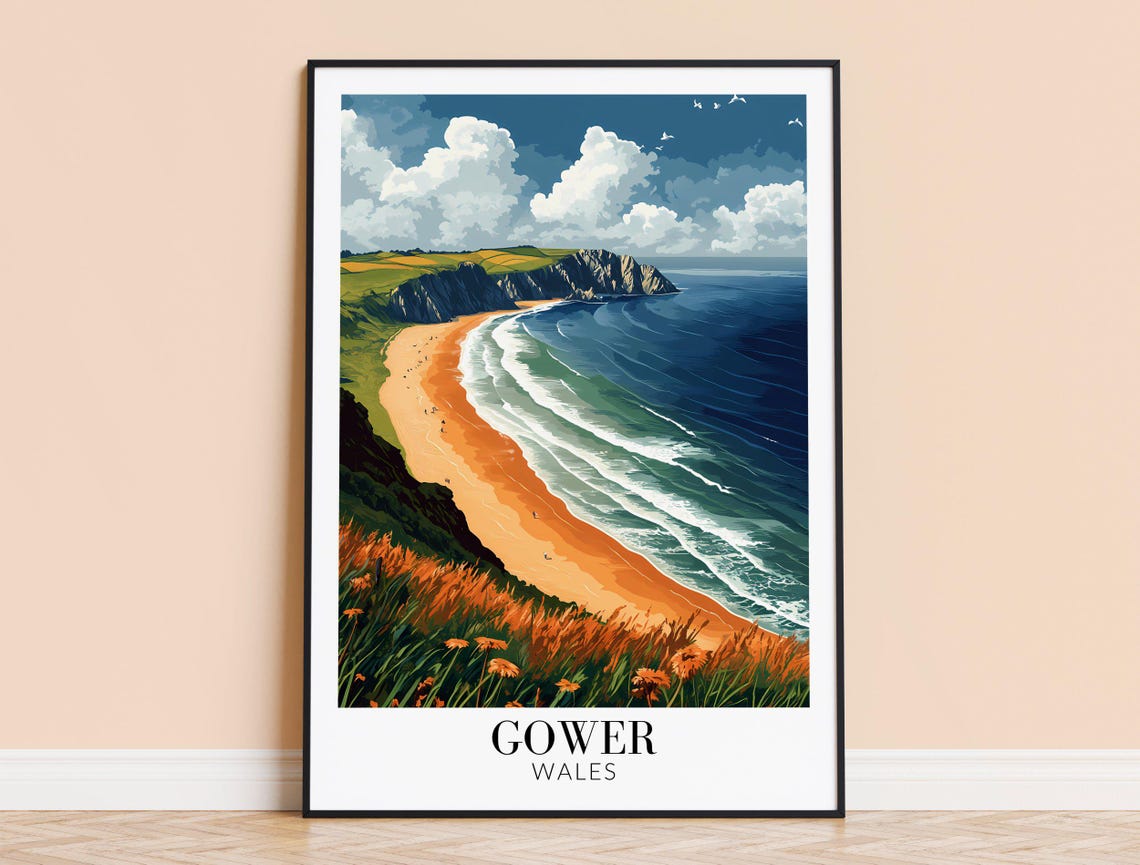 Gower Wales Golden Beach Sea Cliffs Wildflowers Travel Poster