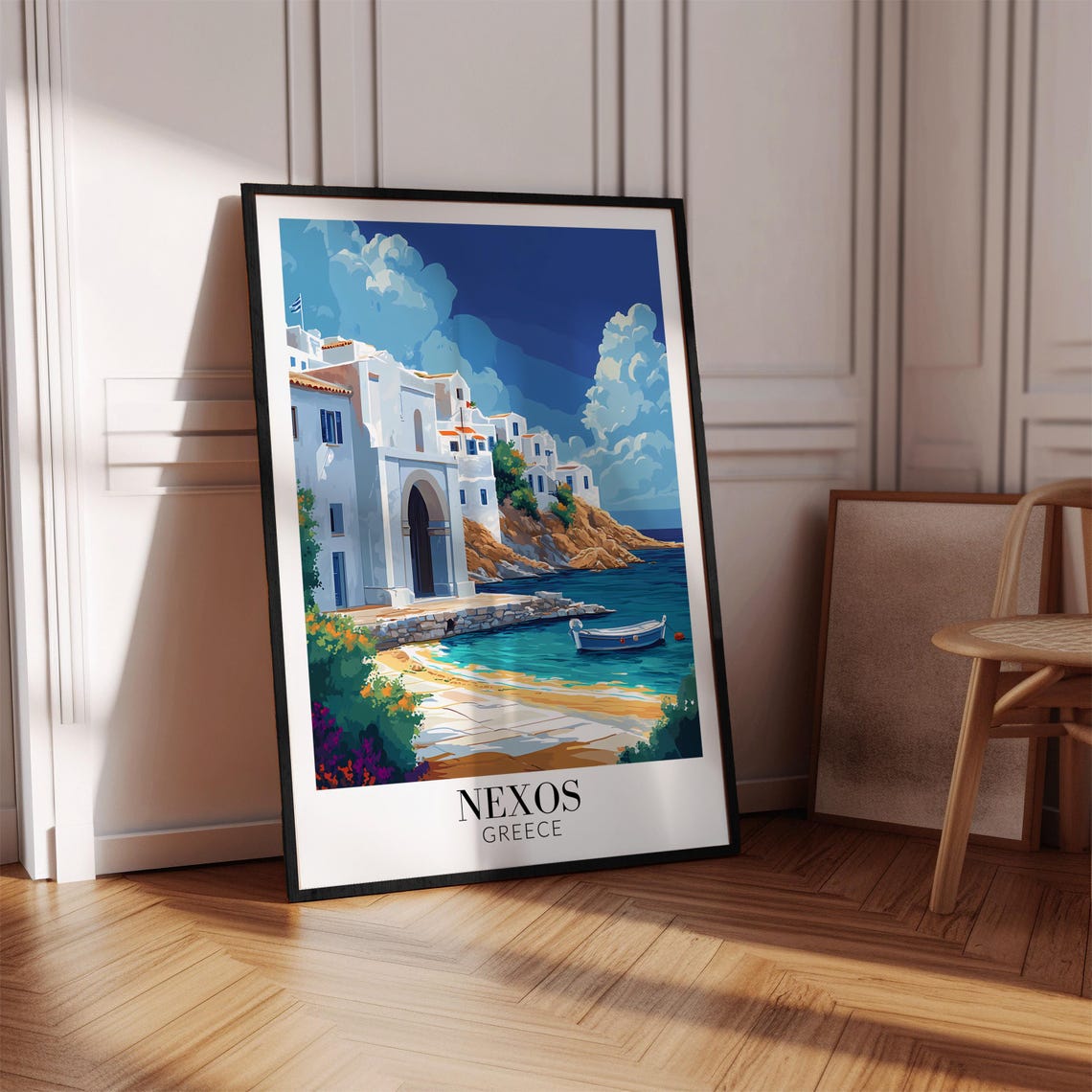 Nexos Greece Whitewashed Coastal Village Harbor Travel Poster - Image 2
