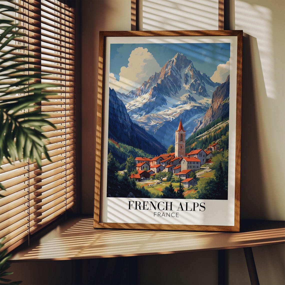 French Alps Village with Church Steeple Beneath Snowy Peak Poster - Image 3