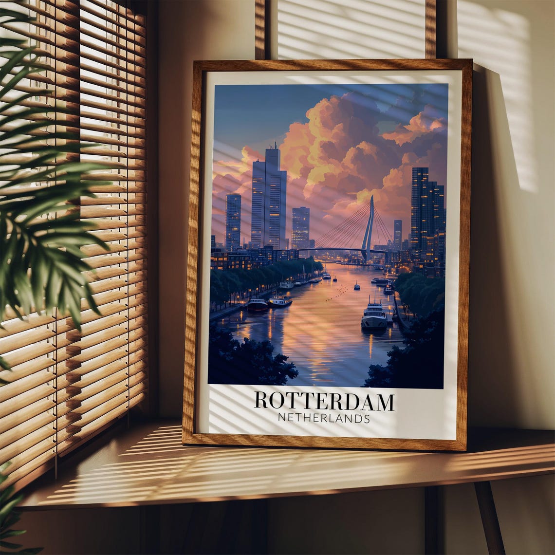 Rotterdam Erasmus Bridge Twilight River Reflection Glow Poster - Image 3