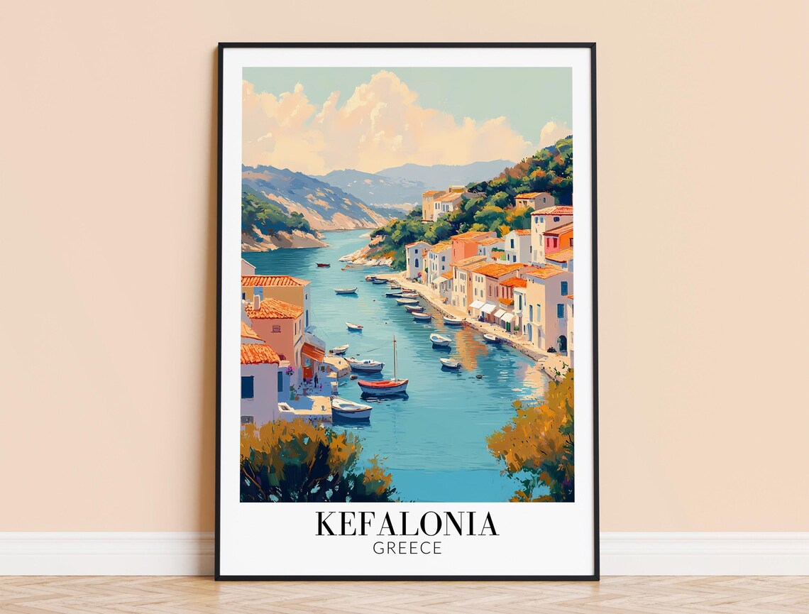 Kefalonia Greece Harbor Town Boats Turquoise Bay Colorful Travel Poster