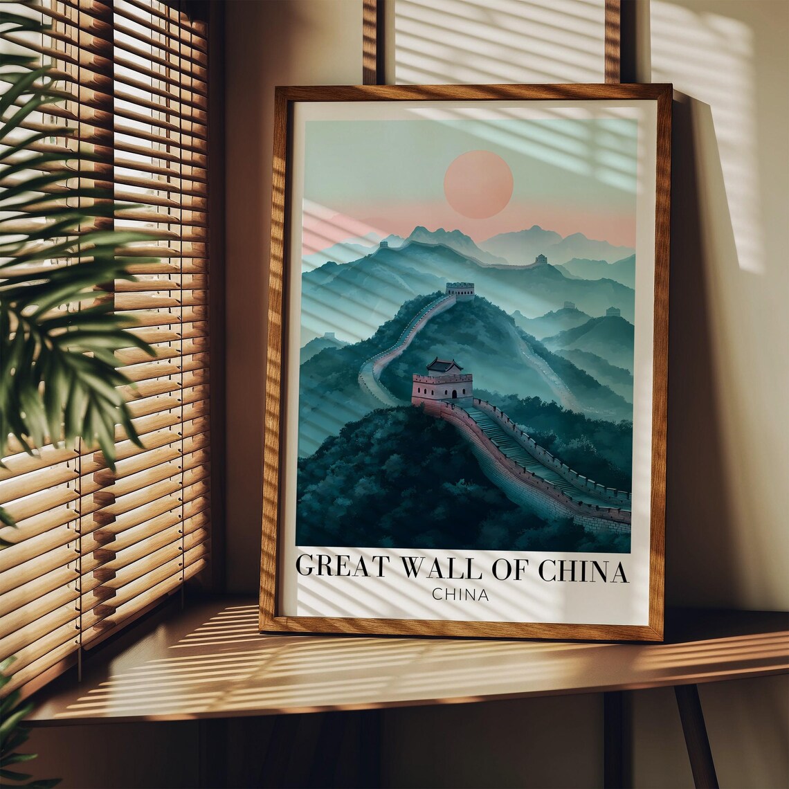 Great Wall of China Misty Teal Mountains Pink Sun Travel Poster - Image 3