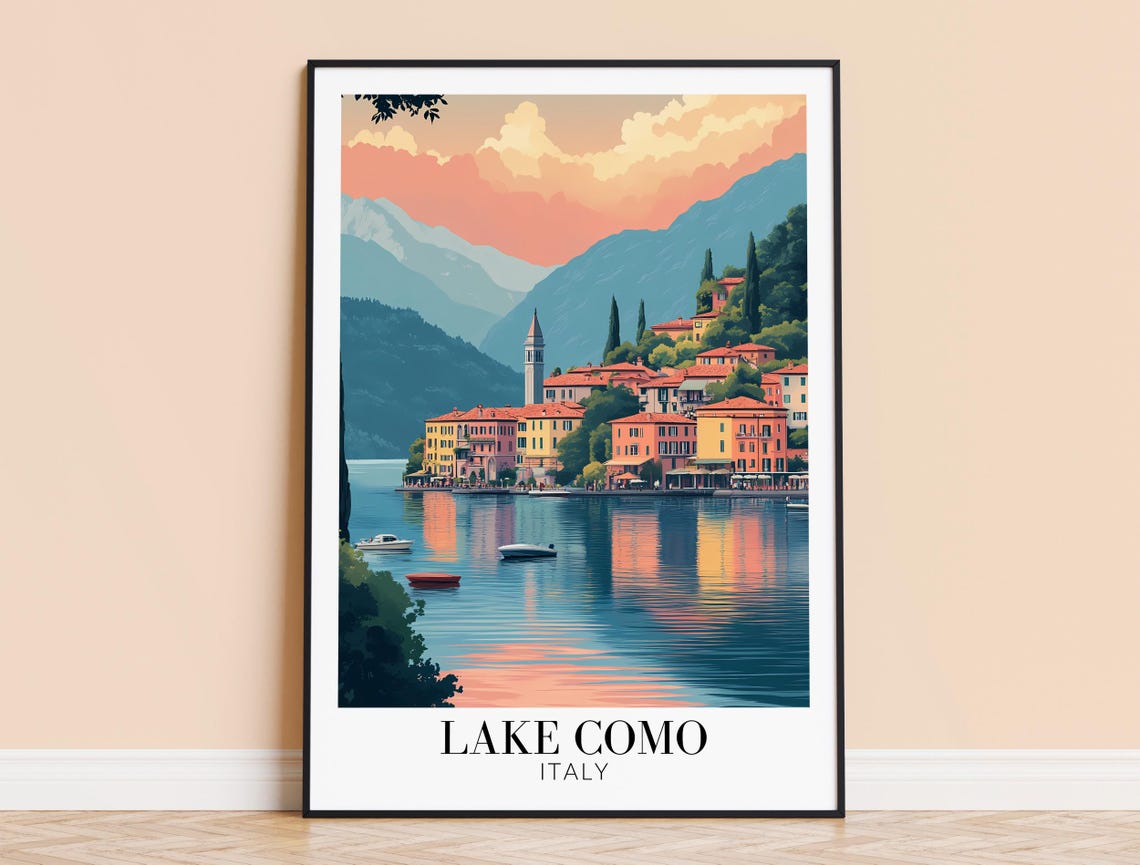 Lake Como Italy Sunset Pink Clouds Lakeside Town Travel Poster