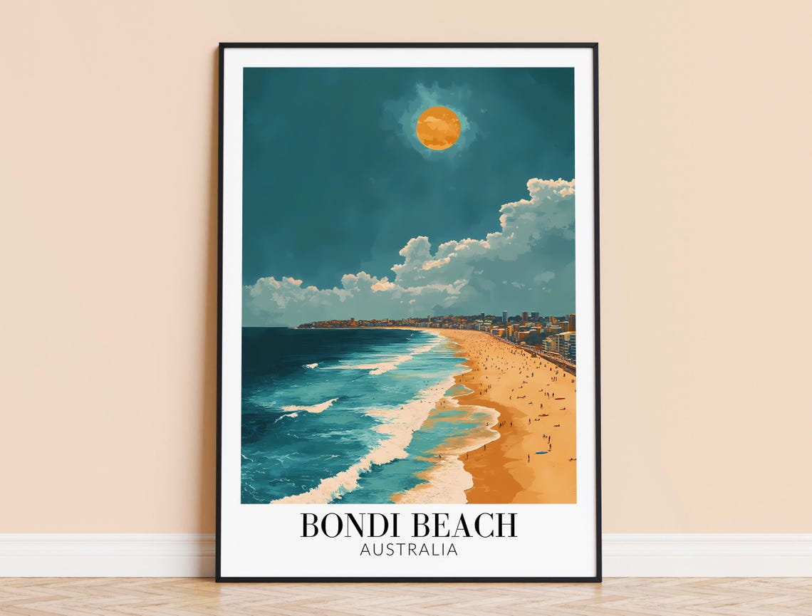 Vintage Golden Hour Sunset Over Bondi Beach Australia Travel Poster