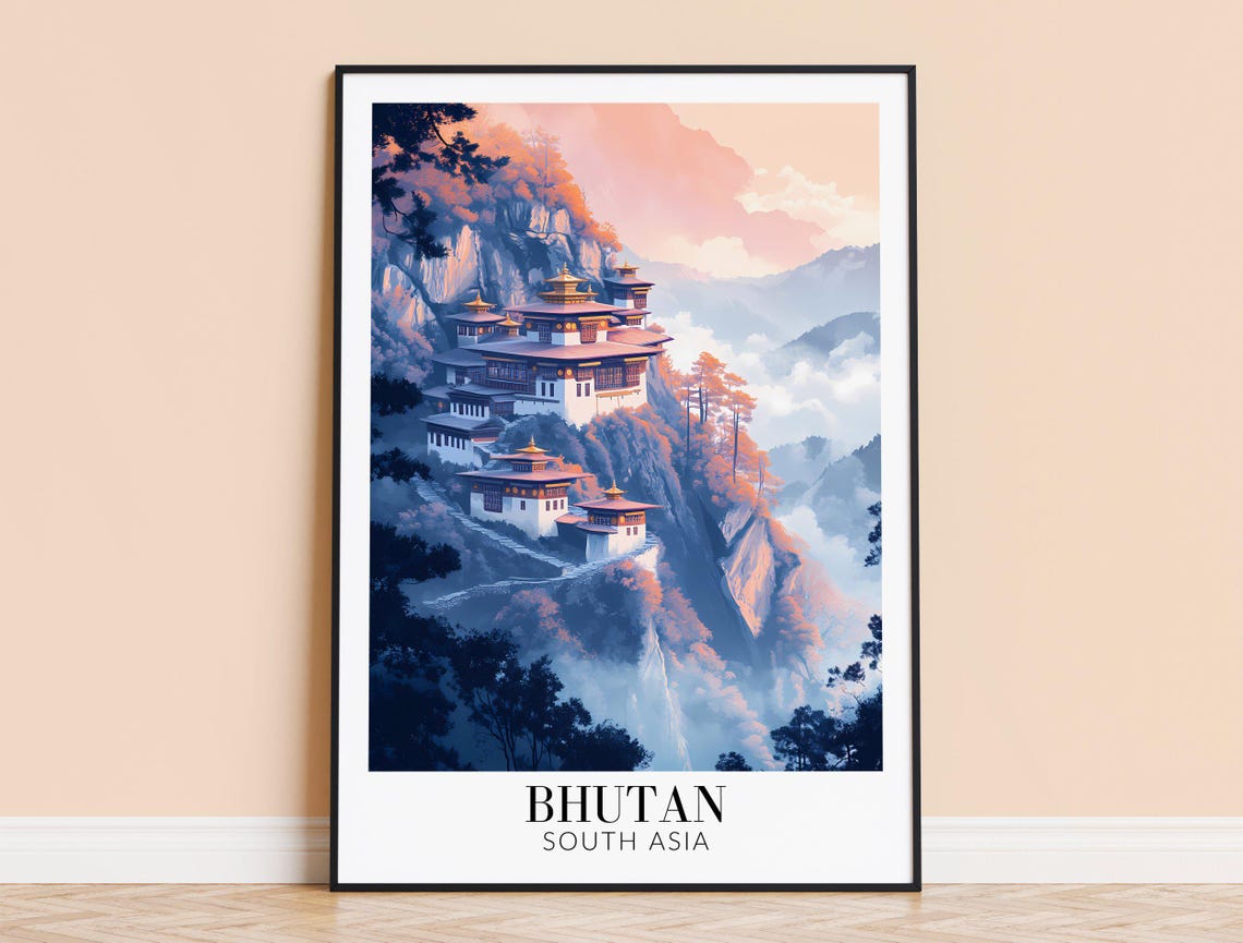 Bhutan Misty Cliffside Monastery Pastel Himalayan Illustration Poster