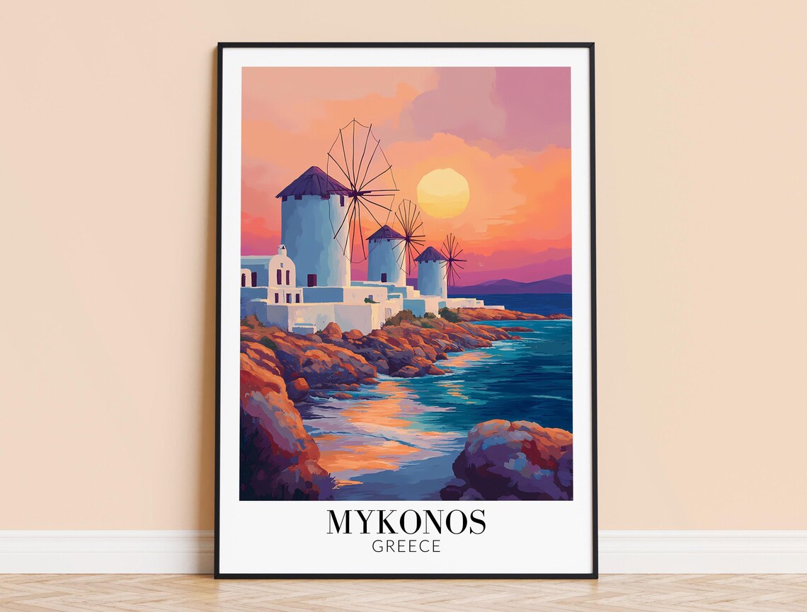 Mykonos Greece Iconic Windmills at Sunset Over the Sea Poster