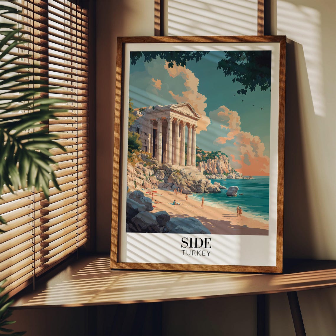 Side Turkey Ancient Seaside Temple Golden Sunset Beach Travel Poster - Image 3