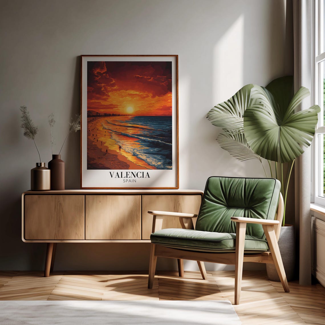 Valencia Spain Fiery Sunset Beach Ocean Waves Silhouette Poster - Image 4