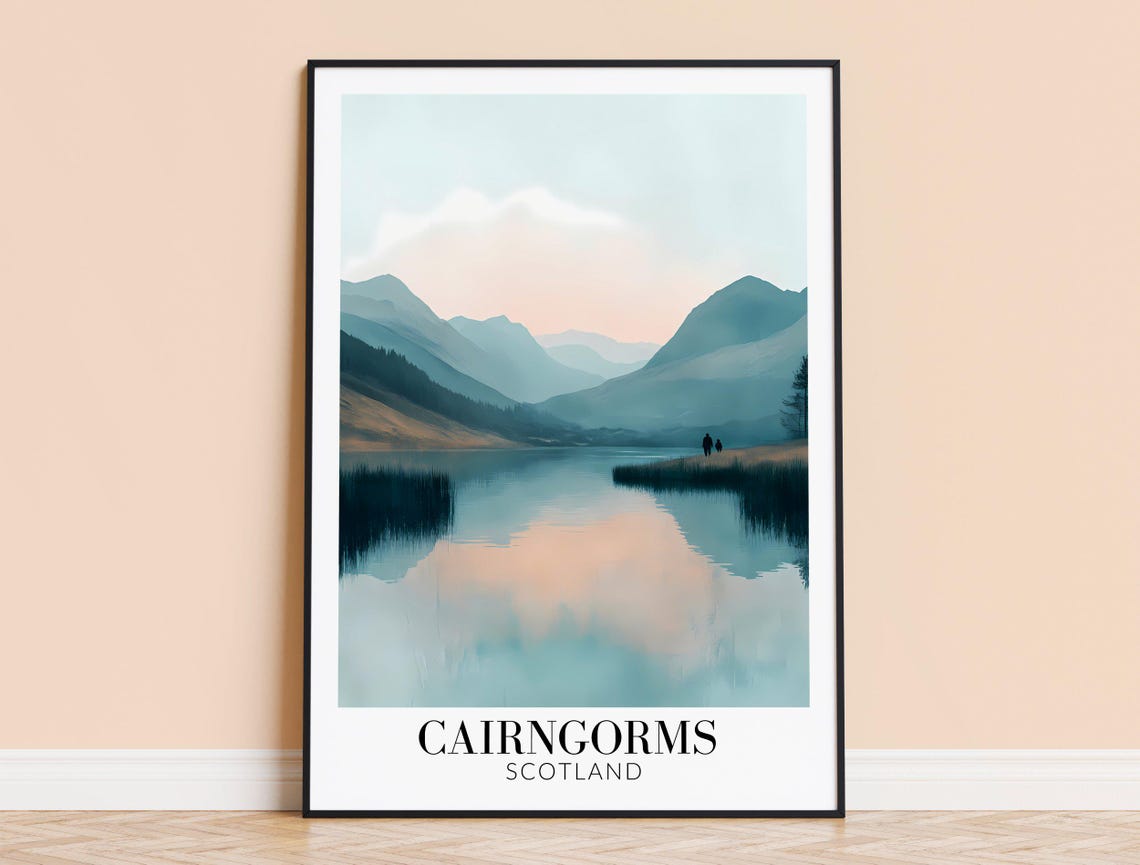 Cairngorms Scotland Misty Dawn Lake Serene Mountain Travel Poster